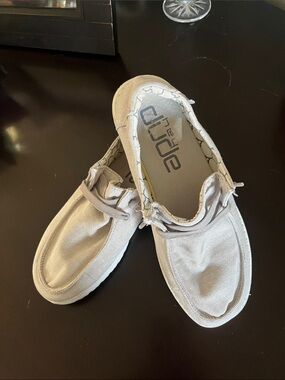 Hey Dude Womens Slip-On Sneakers in Light Beige Shimmer Canvas